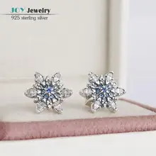 Clear CZ & Blue Crystal Pave Pendientes de Copo de nieve de Navidad 925-Sterling-Silver Pendientes Para Las Mujeres Fit Estilo Europeo Joyería