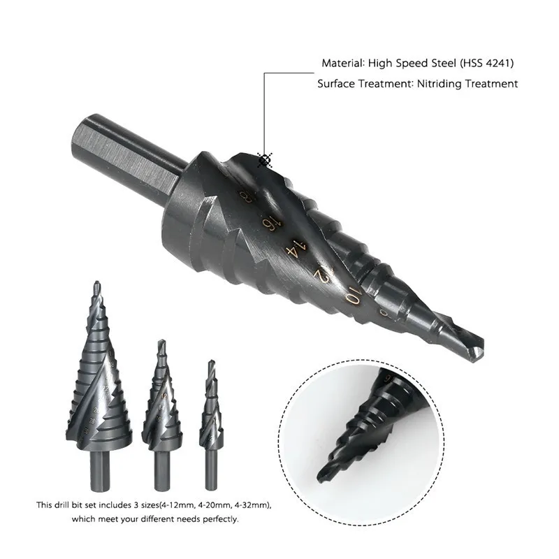 PEGASI 3PCS 4-32MM HSS Cobalt Step Stepped Drill Bit Set Nitrogen High Speed Steel Spiral For Metal Cone Triangle Shank Hole