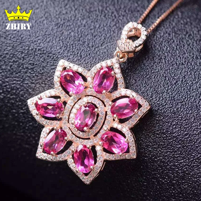 

Natural Pink Topaz Necklace Woman Semi Precious Stone Pendant Solid 925 Sterling Silver Lady's