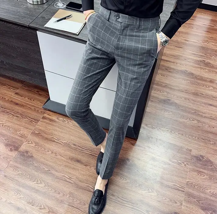 Высокое качество серый плед для мужчин Досуг Slim Fit костюм брюки бизнес формальные мужские брюки удобные модные костюмы брюки для мужчин