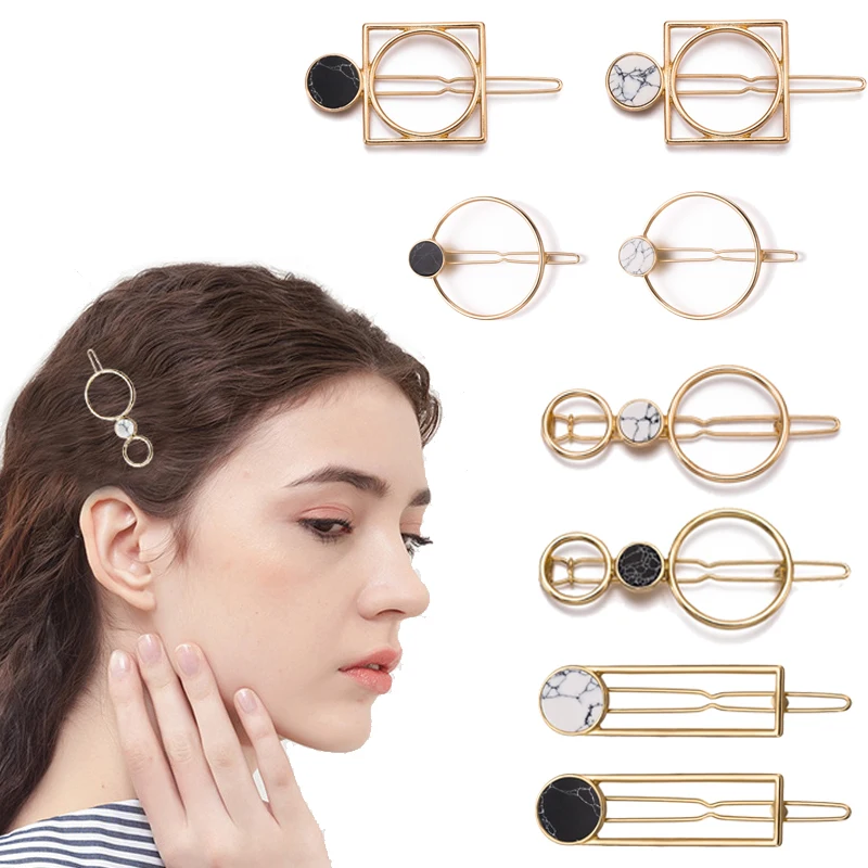 

Vintage Geometric Metal Hair Clips For Women Square Circle Natural Stone Barrettes Hairpin Accessories Hair Styling Fashion 2019