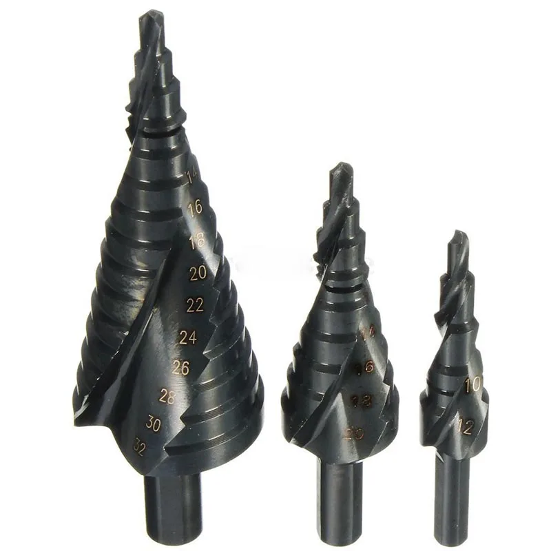 

Black 3pcs/set HSS Spiral Grooved Step Core Drill Bit 4-12/4-20/4-32mm Hole Cutter DIY tools