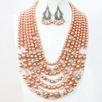 

Elegant orange shell simulated-pearl beads 7 rows necklace earrings weddings party gifts charms jewelry set 18.5-28inch B1415