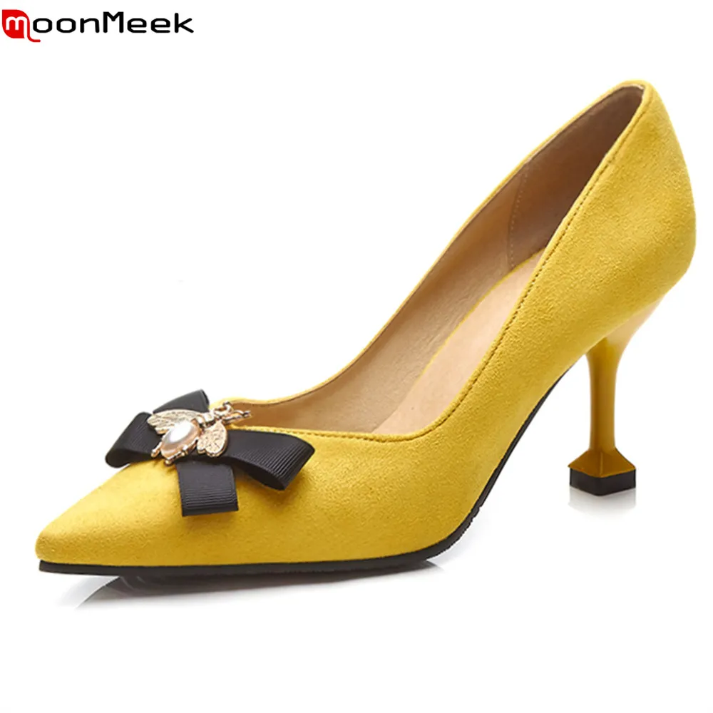 

MoonMeek spring summer new arrive pumps women shoes high heels pointed toe shallow slip on with butterfly knot ladies shoes