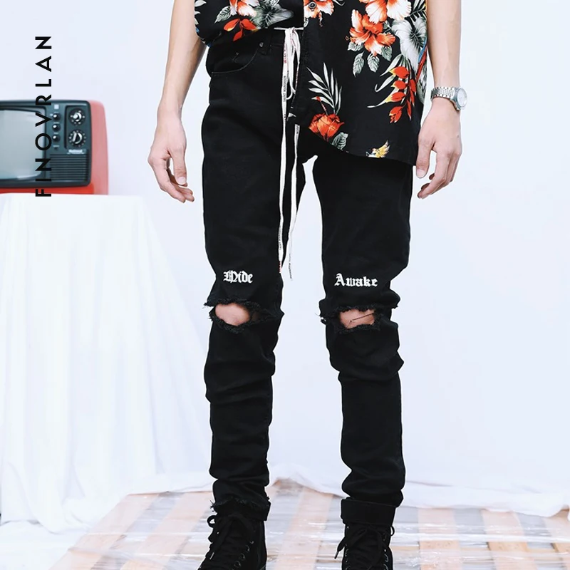 Goedkoop 2018 Streetwear Black Ripped Jeans Mannen Met Gaten Denim Super Skinny hip hop Slim Fit Jean Broek Krassen Biker Jeans