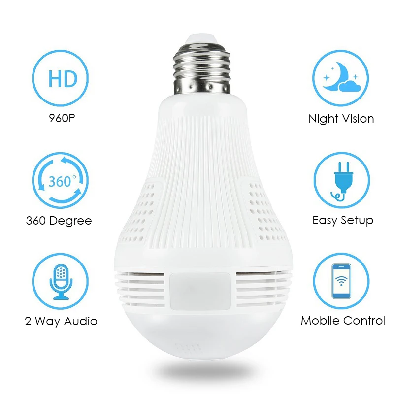 

360 Degree Panorama Video Camera WiFi Light Bulb Webcam HD 960P Night Vision 3D Fisheye Camcorder Lamp Security Micro CCTV Cam