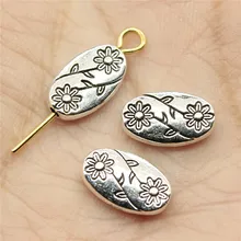 WYSIWYG 30 шт., 10x6x3 мм цветок Подвески бусинки античные с Серебристый Овальный Цветок талисманы с бисером и цветочным принтом для девочек овальной формы с маленькими отверстиями, Распорки шариков
