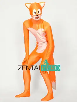 

Free Shipping DHL Funny Cute Fox Orange&White Lycra Spandex Zentai Full Bodysuit Adult Animal Halloween Costume with Tail XRC177