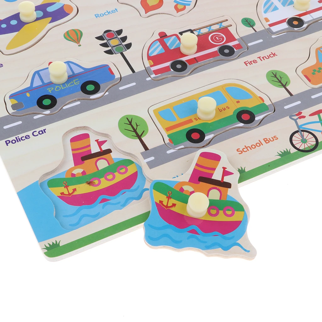 2 Sets Wooden Peg Puzzle Jigsaw Educational Toys for 1-4 Year Olds Baby Toddlers - Traffic & Farm Animals