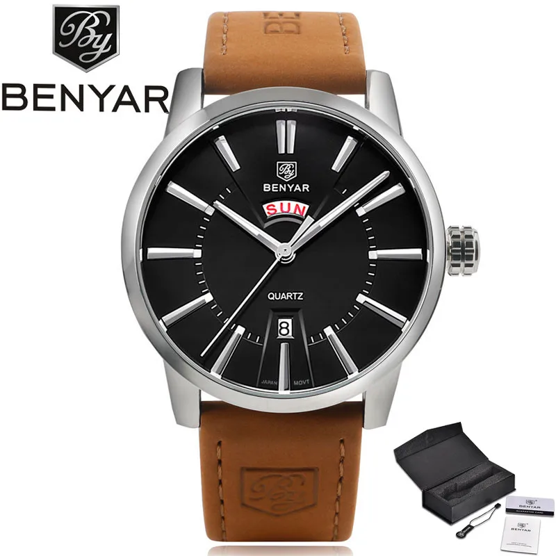 

BENYAR Modern Black Business Men's Quartz Wristwatch Day & Date Display Dial Brown Genuine Leather Band Fashion Watch Gift reloj