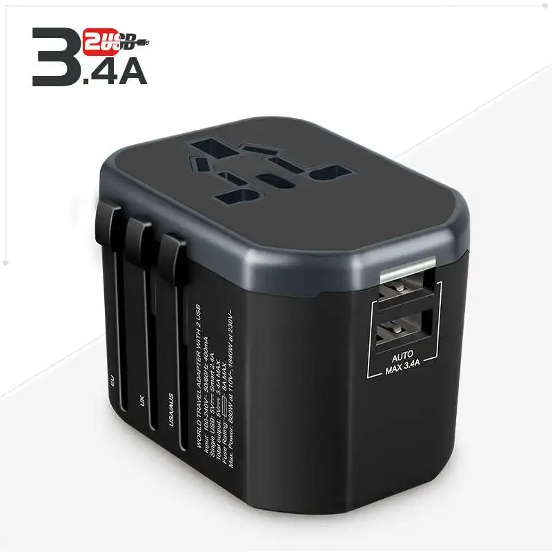 Universal Travel Adapter USB All-in-one Plug Adapter International Power Adapter with 3.4A Dual USB Wall Charger for UK/EU/AU Universal Travel Adapter USB All-in-one Plug Adapter International Power Adapter with 3.4A Dual USB Wall Charger for UK/EU/AU