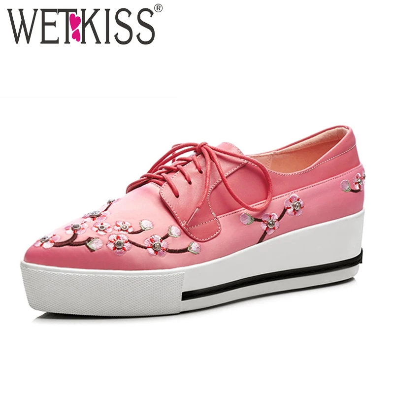 

WETKISS Casual Women Flats Pointed Toe Satin Lace Up Embroider Footwear 2019 New Fashion Spring Sneakers Girl Platform Shoes