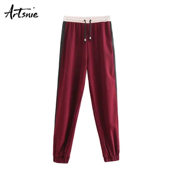 

Artsnie Wine Red Casual Knitted Drawstring Pencil Pants Women Autumn 2018 High Waist Striped Streetwear Trousers Femme Sweatpant