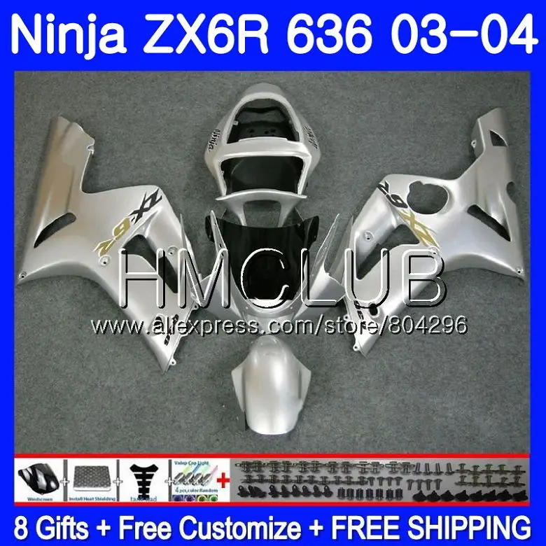 

Body For KAWASAKI NINJA ZX600 ZX636 ZX-6R 03 04 ZX-636 18HM.19 ZX 636 6 R 600CC ZX6R 03 04 ZX 6R Gloss silvery 2003 2004 Fairing
