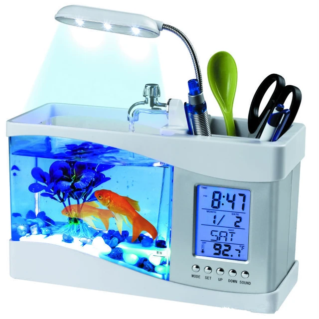 USB Desktop Mini Fish Tank Aquarium Glass LCD Timer Clock LED Lamp Light LED Aquarium Fish Tank