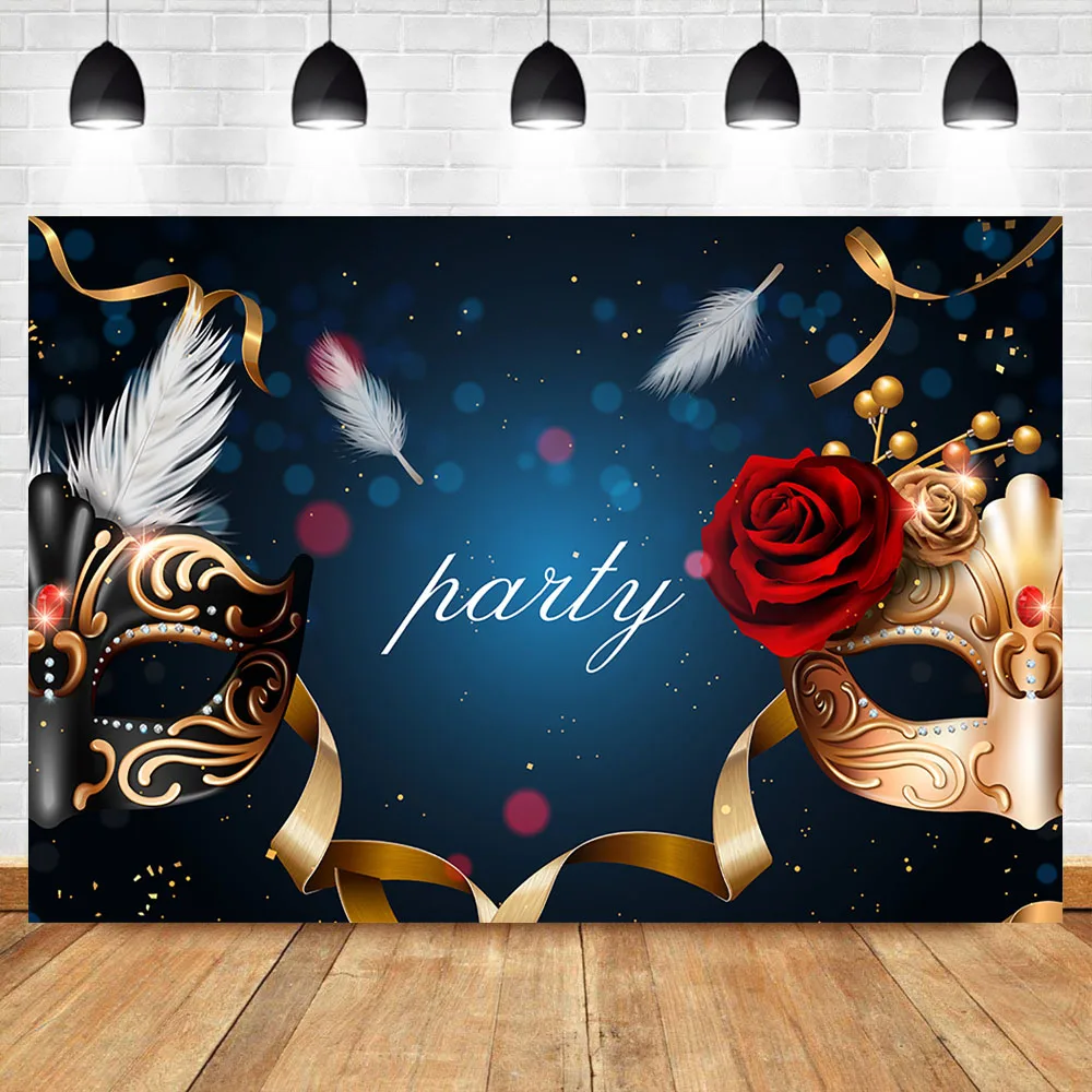 

Neoback Red Rose Mask Birthday Party Photography Backdrop Masquerade Bokeh Custom Background for Photo