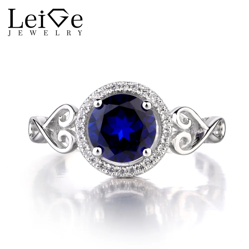 Leige Jewelry 925 Sterling Silver Lab Sapphire Ring Round Cut Gemstone