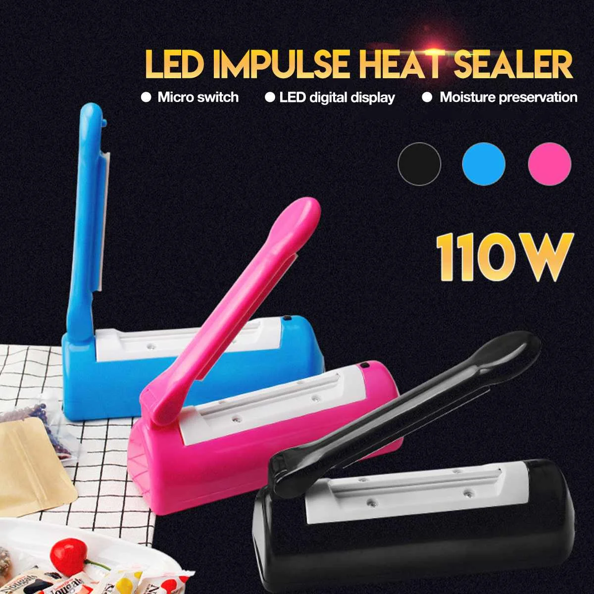

110W 220V Handheld LED Digital Impulse Heat Sealer Plastic Poly Bag Sealing Tool Machine Convenient 22x9.2x6.5cm Black Blue Red