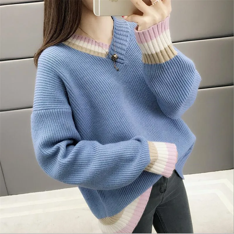 

V-neck sweater female loose 2019 spring new style wind thick wool outside wearing bottoming sweater office lady