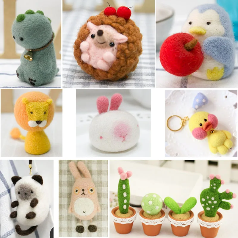 SM SunniMix 3pcs DIY Wool Felting Craft Needle Felt Animal Kit Set Cute Cartoon Animals 