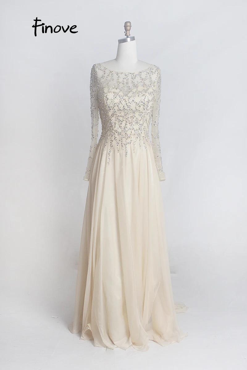 Finove Prom Dresses Long 2020 Long Sleeve Crystals Beading By Hand Sexy See-through A-Line Bridesmaid Dresses Robe de Soiree