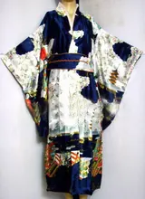 Navy blue Japanese Women’s Silk Satin Kimono Yukata Evening Dress Haori Kimono With Obi peri One Size H0016-D