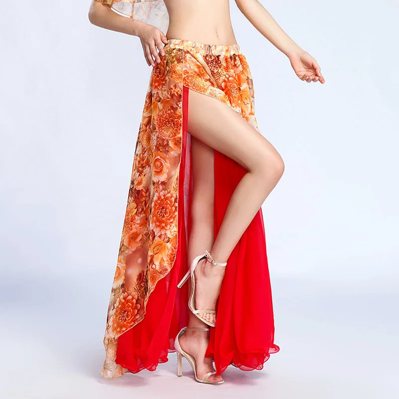 Сексуальный женский танец живота костюм танец двойной цвет шифон с 2 разрезом юбка 5 цветов