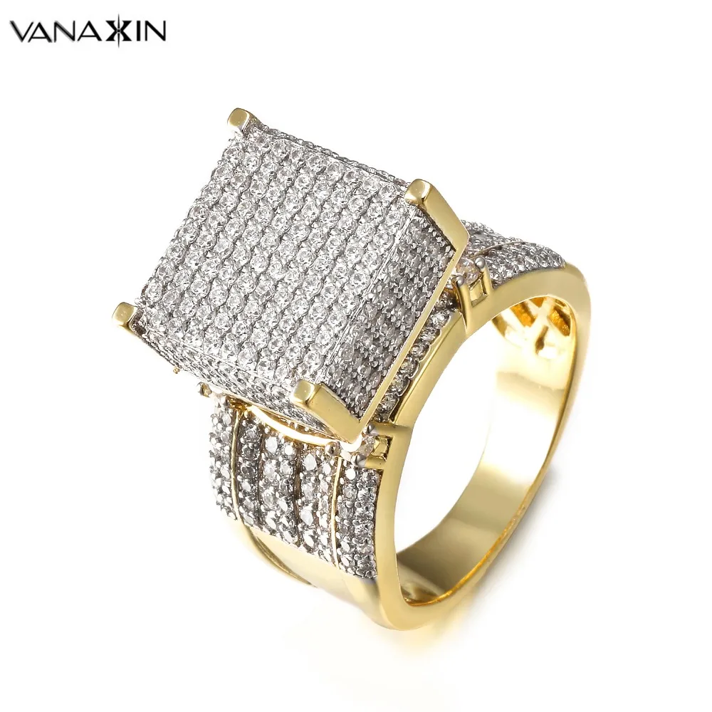 Kopen Vanaxin Brede Mannen Ringen Vierkante 3D Punk Zirkoon Ring Sieraden Verharde Cz Crystal Shiny Gift Voor Mannelijke Engagement Ring Hoge kwaliteit Goud