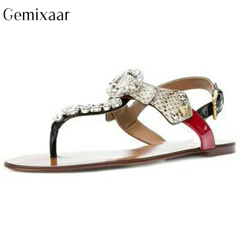 

Rome Mix Color Cow Leather Crystal Decoration Flip Flops Sandals Open Toe Plat Heel Women Shoes Holiday Multicolor Sandals