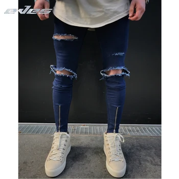 

EVES Blue Mens Jeans Men's Stretch Ripped Casual Jeans Men Hip Hop Slim Fit Holes Punk Denim Jeans Zip Opening Cotton Pants