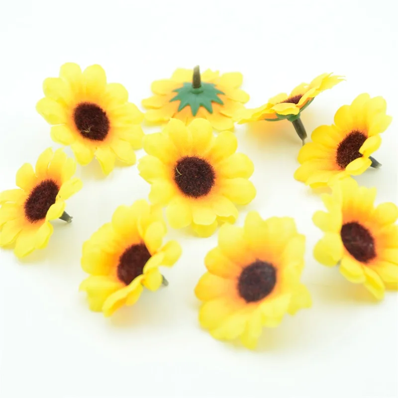 100pcs 4cm Fake flowers Mini Silk Sunflower Artificial Flower Head For Wreath Decoration  Wedding Box Decoration