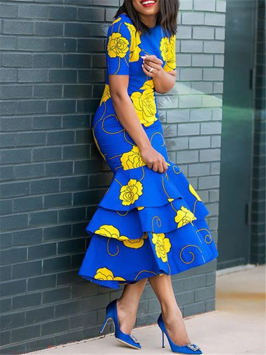 GuyuEra Новый Африканский леди платье с цветочным принтом тонкий Раффлед бедра африканские платья для женщин