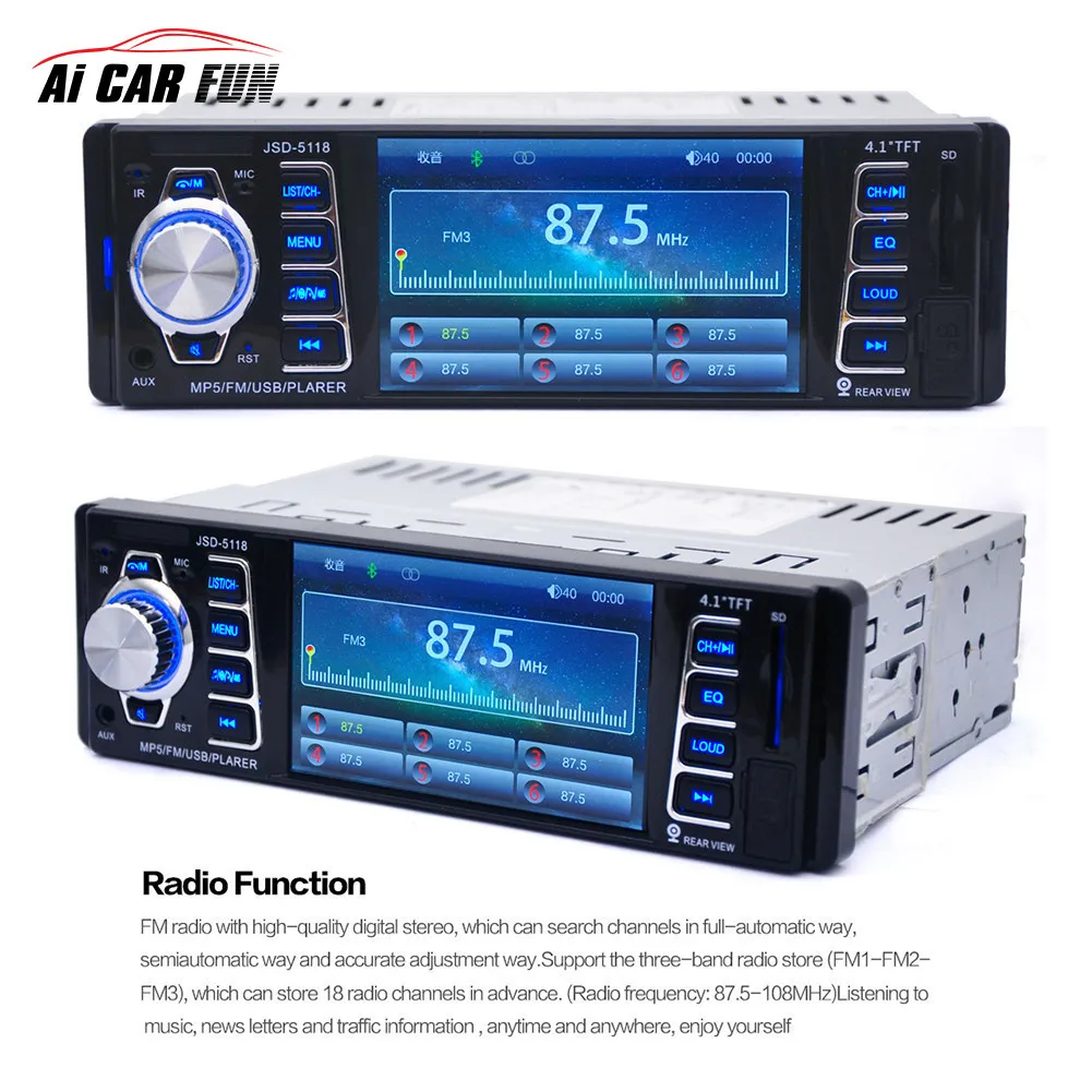 

1DIN Handsfree Car Bluetooth MP5 Player autoradio 4.1-inch HD Audio FM Receiver Car In-Dash Stereo USB With AUX USB with Camera
