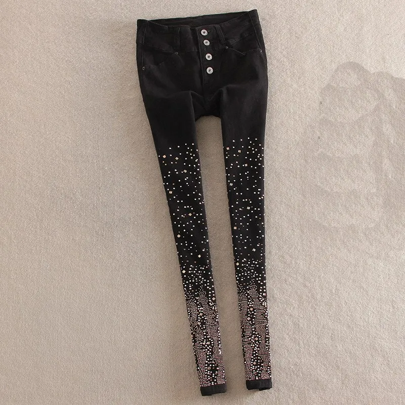 

Autumn Women Rhinestone Jeans Skinny High Waist Single Breasted Denim Pants Plus Size Denim Pencil Pants
