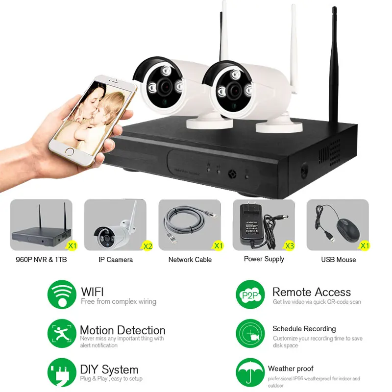 Камера видеонаблюдения 4 канала Wi Fi беспроводная NVR 2 шт. 960P HD IP 1 3 МП для улицы