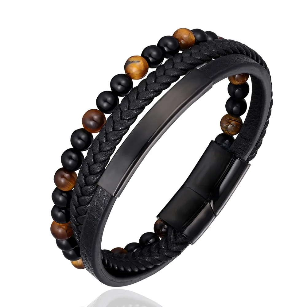 

2019 New 6MM Natural Stone Men Bracelet Multi-layer Handmade Weaved Leather Rope Chain Stainless Steel Bangle Male Jewelry Gifts