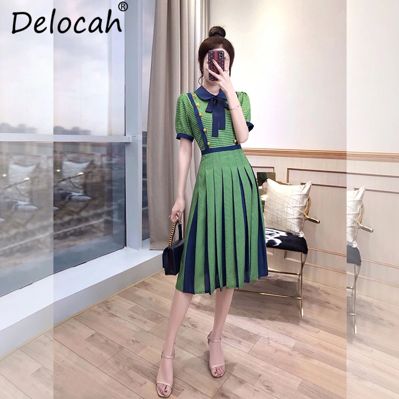 Delocah جديد 2019 النساء الربيع فستان صيفي المدرج مصمم أزياء ربطة القوس فيونكة مطوي نقطة المطبوعة أنيقة خمر عطلة فساتين