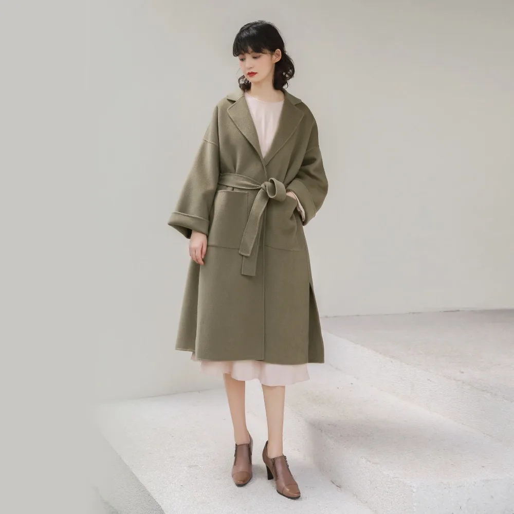 

LYNETTE'S CHINOISERIE Winter Women High Quality Loose Elegant Imported 100% Wool Coats Overcoat Outerwear with Belt