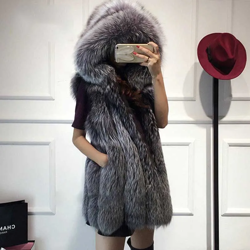 

New Fur Vest Imitation Silver Fox Fur Coat Hooded Vest Vertical Stripe Medium-long Vest Large Size Women Vests Coats