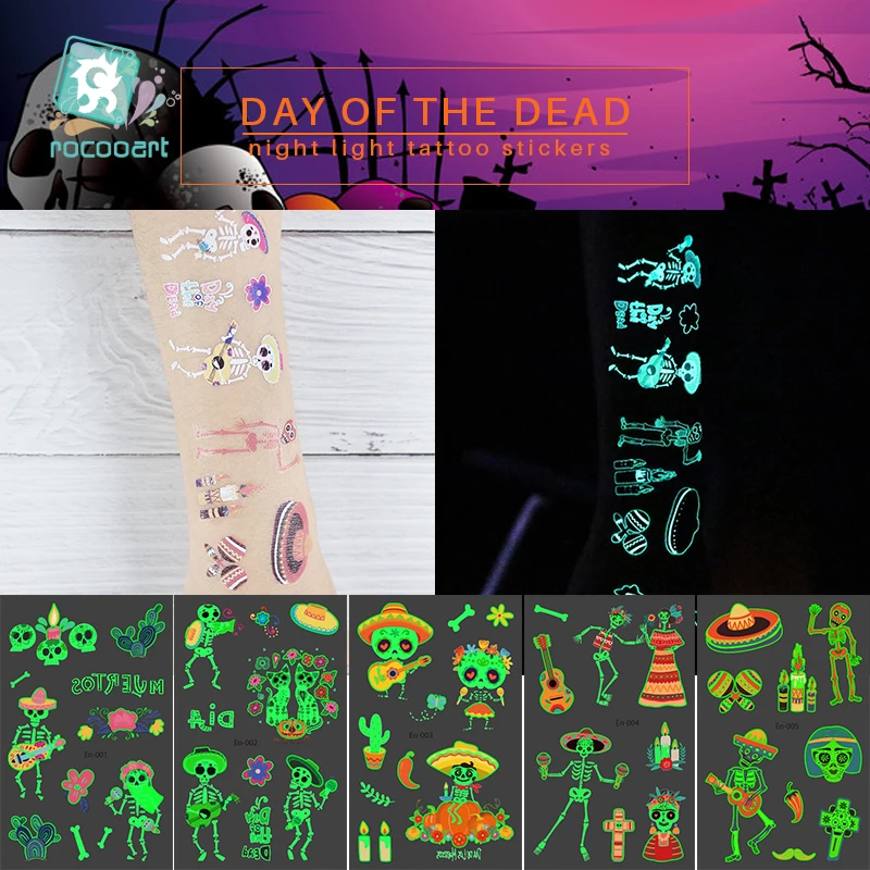

Rocooart Death Day Luminous Tattoo Skeleton Design For Kids Fake Tattoo Glowing in Dark Waterproof Temporary Tattoo Stickers