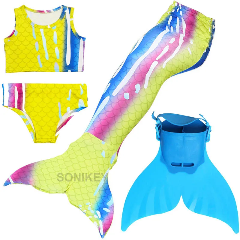 Детский купальный костюм из 4 предметов с хвостом русалки и моновиновым плавником для косплея, купальник для девочек, хвост маленькой русалки, костюм для плавания для девочек - Цвет: SJNP881
