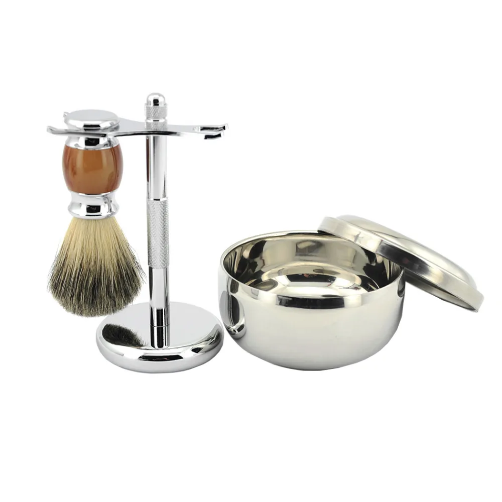 

ZY 3pcs/set Best Badger Shaving Brush + Shaving Soap Mug Bowl Stainless Steel+ Double Edge Safety Razor Stand Holder Barber Kit