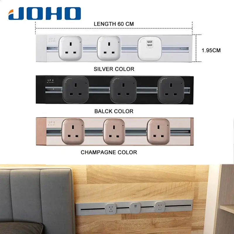 

JOHO 60CM Multi-Functional UK Plug Socket Aluminum Wall Power Outlet Socketbar 8000W 250V For Living Room Bedroom Office