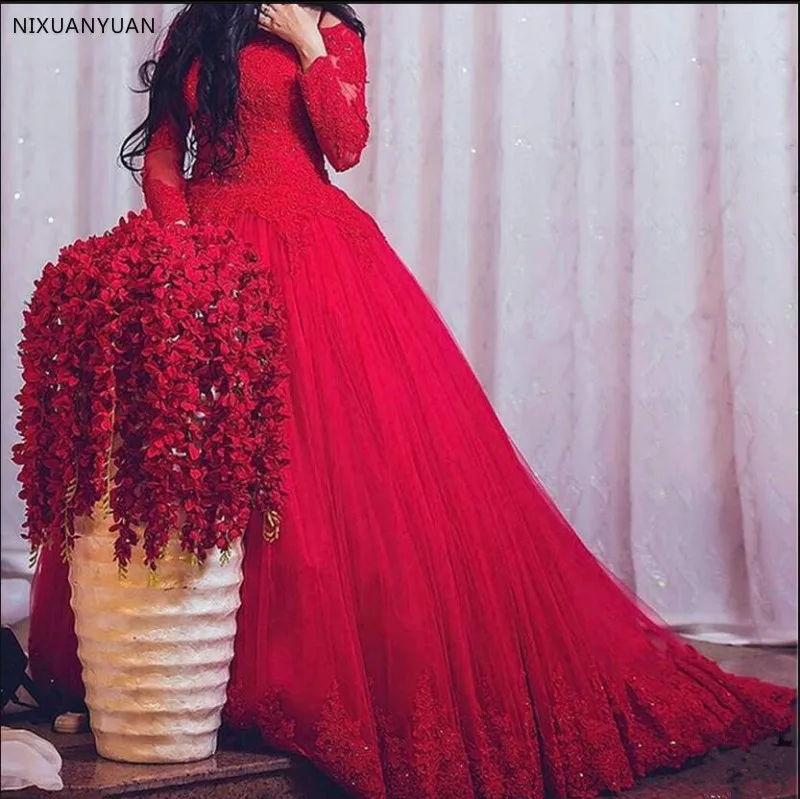 Vestido De Novia 2021 бальное платье красного цвета с длинными рукавами и кружевом