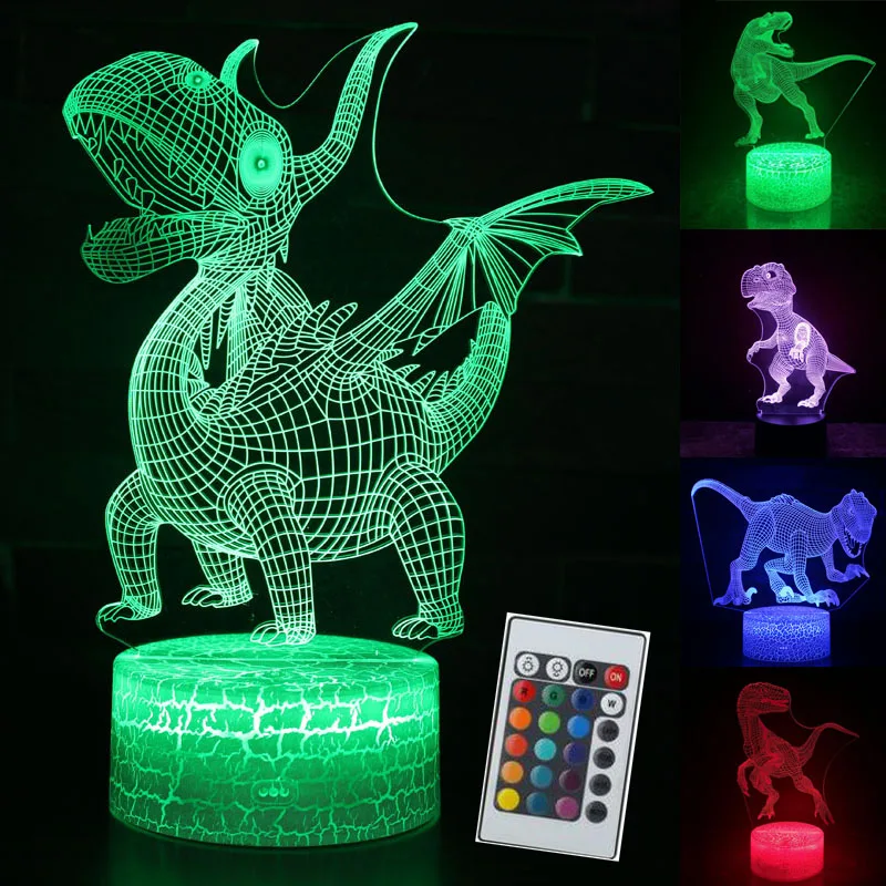 3D иллюзия динозавр огни 7 цветов LED Дистанционное управление сенсорный спальный