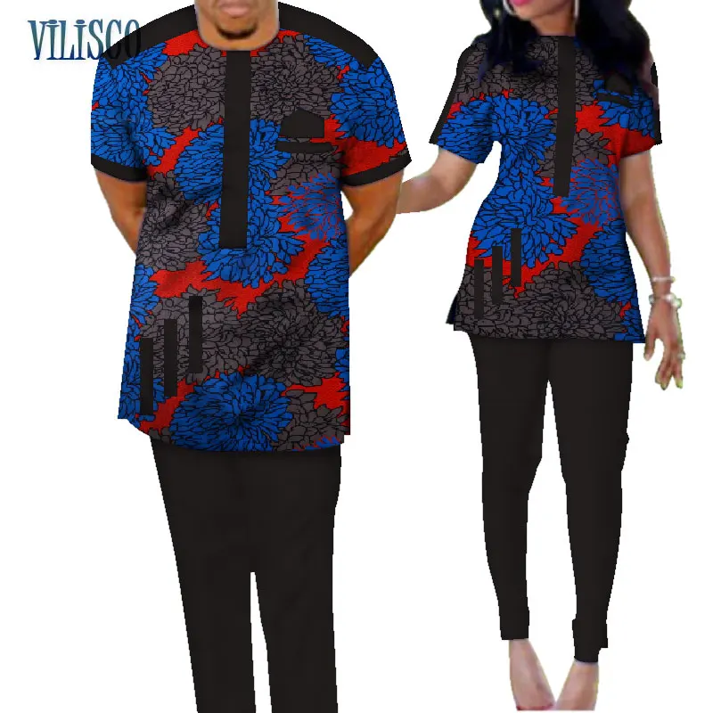Традиционный Bazin Riche, Африканский принт, лоскутный Топ и штаны, комплекты одежды для пар, комплекты из 2 предметов, одежда для влюбленных пар, WYQ73 - Цвет: 19