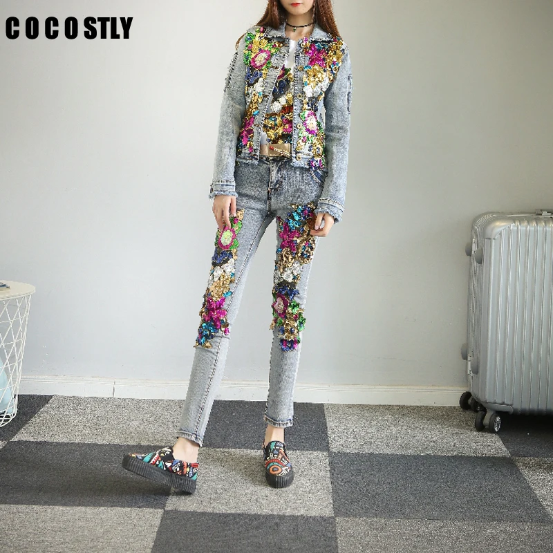 

two piece set Women Gloria Jeans Sets Long Sleeve Sequins Denim Jacket + Denim Pants Two Piece Girl Lady Jeans Suit matching set