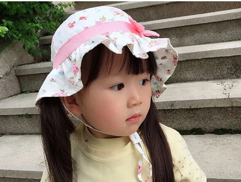 Flower Bow Baby Girls Hat Ruffles Floral Hat For Girls Cotton Lace Up Baby Fisher Hat Fashion Purple Pink Sun Caps Spring Summer (5)