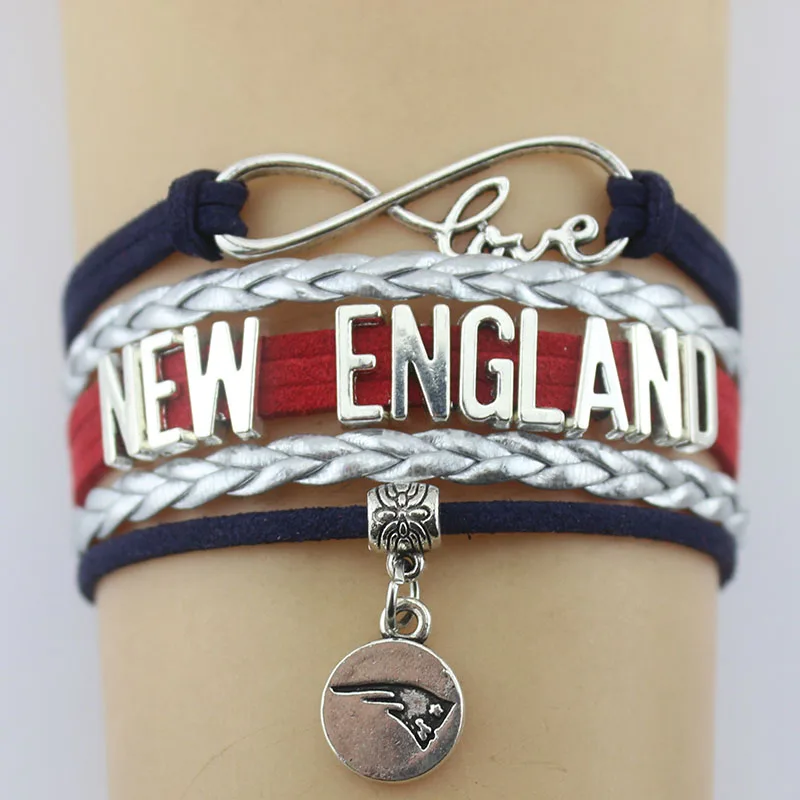 

Infinity Love New England Bracelet Charm Handmade Leather Sports Team Wrap Bracelet for Women/Men Custom Any Themes