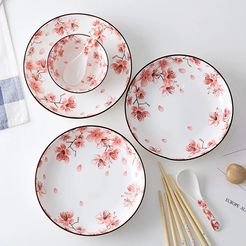 

Home cherry blossom series bone china plates creative underglaze tableware domestic plate kitchen ceramic dish